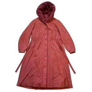 VTG 90s USA Made Bonder Trench Coat Red Faux Fur Lined Hooded Belted Pockets